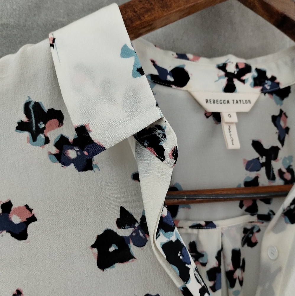NEW Rebecca Taylor Size 0 Silk Blouse Cream Ivory Floral Button Up Shirt Women